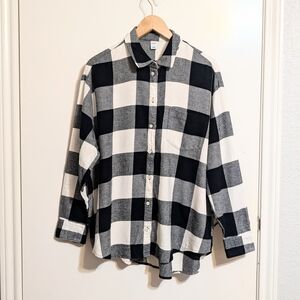 Old Navy Oversized Boyfriend Flannel Shirt Buffalo Plaid Black White Large
